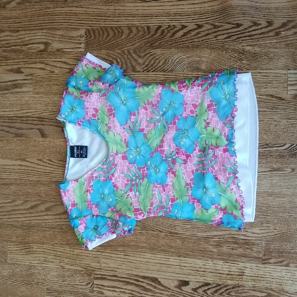 (M) FUBU Girls Hawaiian Print Top Mesh Overlay Scalloped V Neck Tropical Color